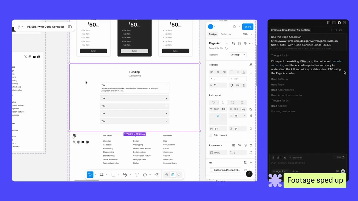Split screen showing Figma DevMode with design on the left and Claude Code generating React code via MCP on the right