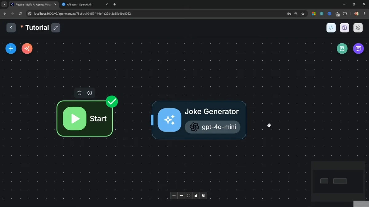 Flowise Agentflow v2 canvas showing a Start node connected to a Joke Generator LLM node running GPT-4o-mini