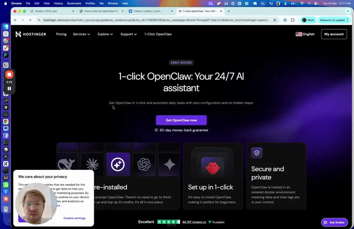 Hostinger landing page showing 1-click OpenClaw: Your 24/7 AI assistant with feature cards for AI credits pre-installed, Set up in 1-click, and Secure and private