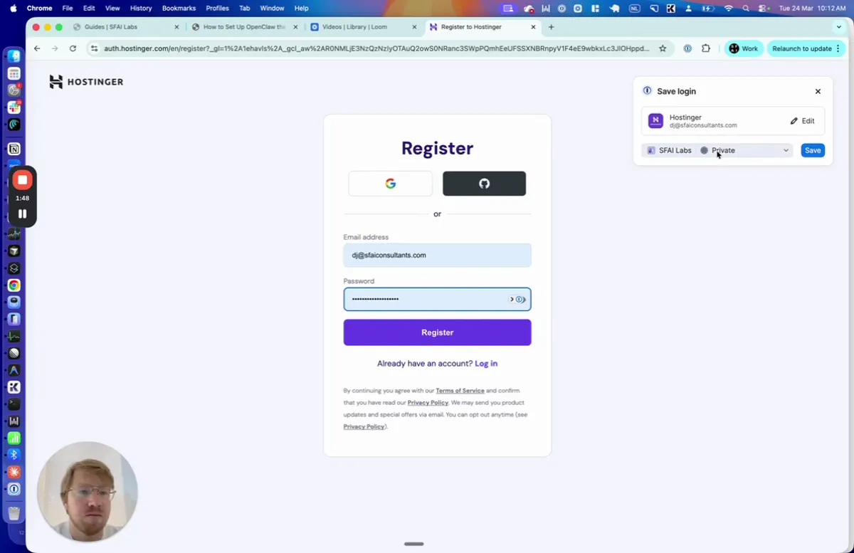 Hostinger registration page with email and password fields, a Register button, and social login options