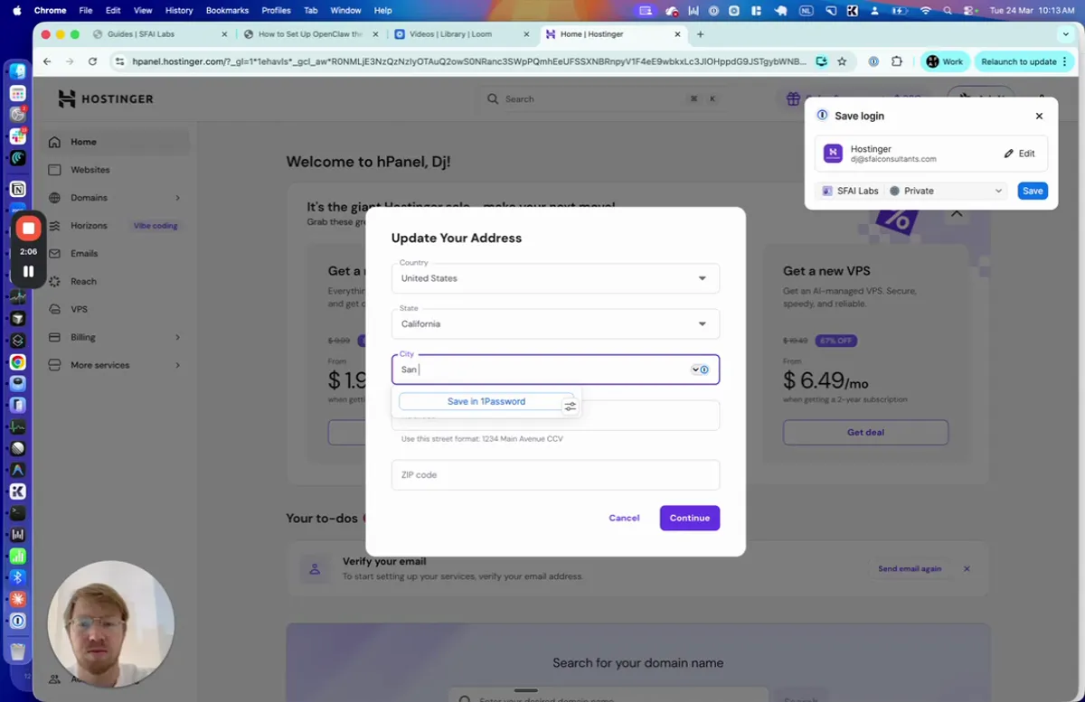 Hostinger hPanel showing the Update Your Address dialog with form fields for name, country, and address, with a Get a new VPS card showing $6.49/month visible on the right