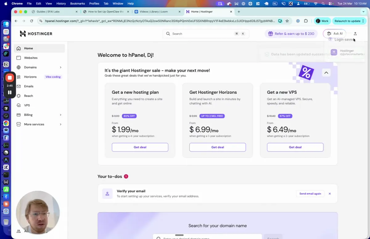 Hostinger hPanel welcome page showing three product cards: Get a new hosting plan at $1.99/month, Get Hostinger Horizons at $6.99/month, and Get a new VPS at $6.49/month