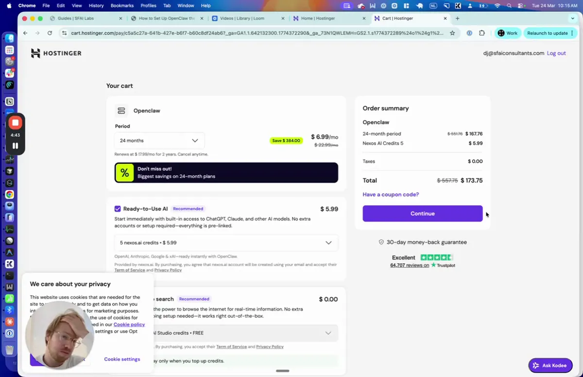 Hostinger cart page showing OpenClaw plan in the cart with a line item of $6.99, order summary on the right showing subtotal $6.99, VAT, and total, with a Continue to checkout button