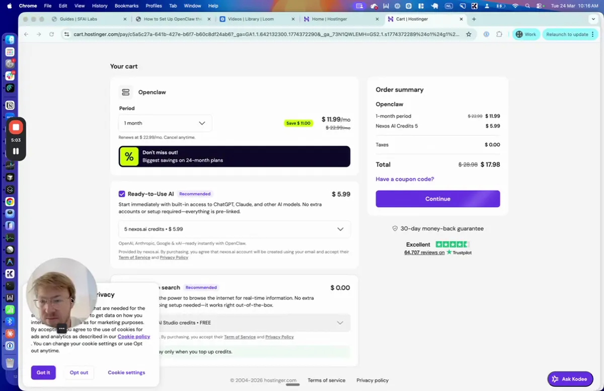 Hostinger cart showing the OpenClaw plan with a Ready-to-Use AI Recommended add-on for ChatGPT integration, showing pricing details and payment options
