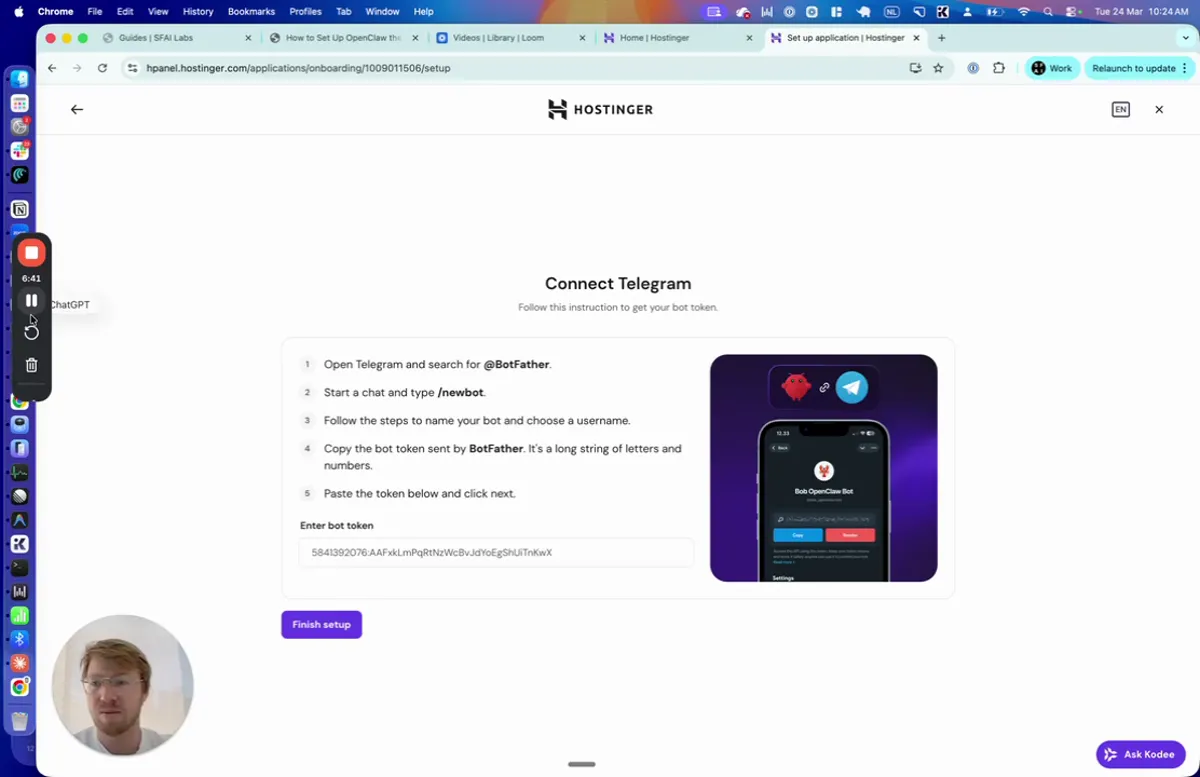 Hostinger OpenClaw setup page titled Connect Telegram with numbered instructions: open Telegram, search for BotFather, create a new bot, copy the token, and a phone mockup showing the Telegram interface