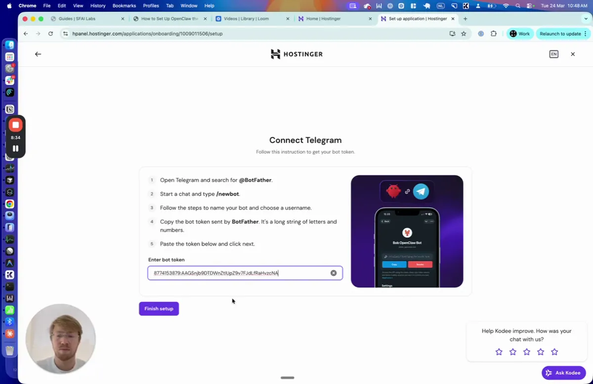 Hostinger Connect Telegram page with the token input field filled in and a Finish setup button at the bottom, phone showing completed BotFather conversation