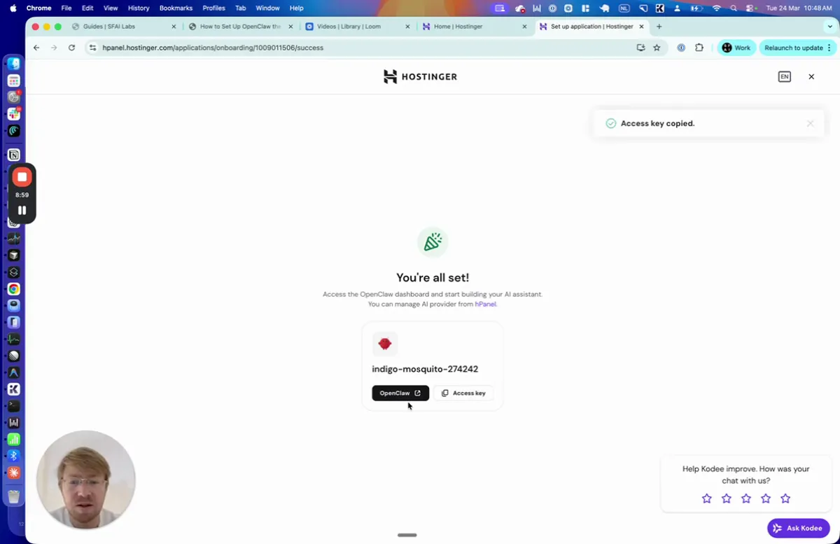 Hostinger page showing You're all set! with a green checkmark, displaying the access key and a button to open the OpenClaw dashboard