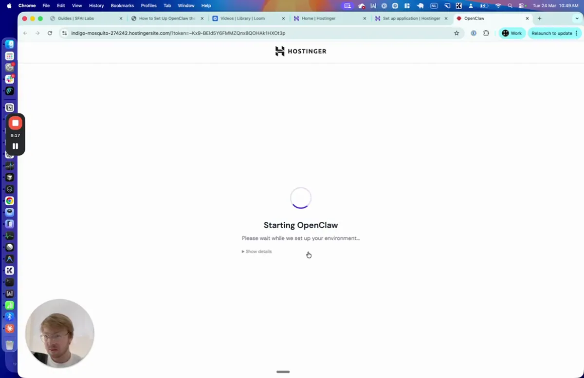 Hostinger page showing Starting OpenClaw with a loading spinner and a message saying Please wait, we are setting up your environment