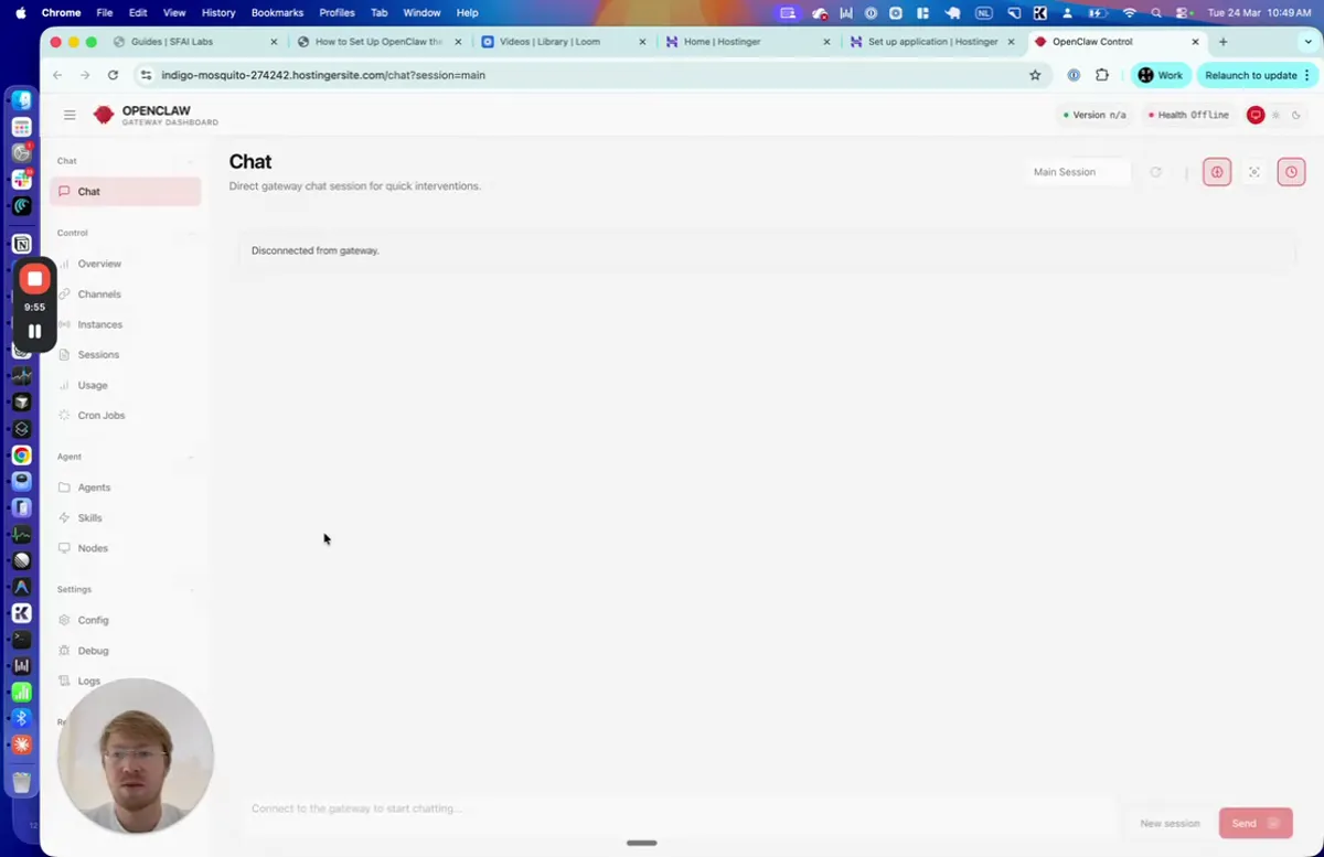 OpenClaw Chat web interface showing the main chat panel with a sidebar containing navigation options like Profiles, Channels, Skills, Memory, and Crons