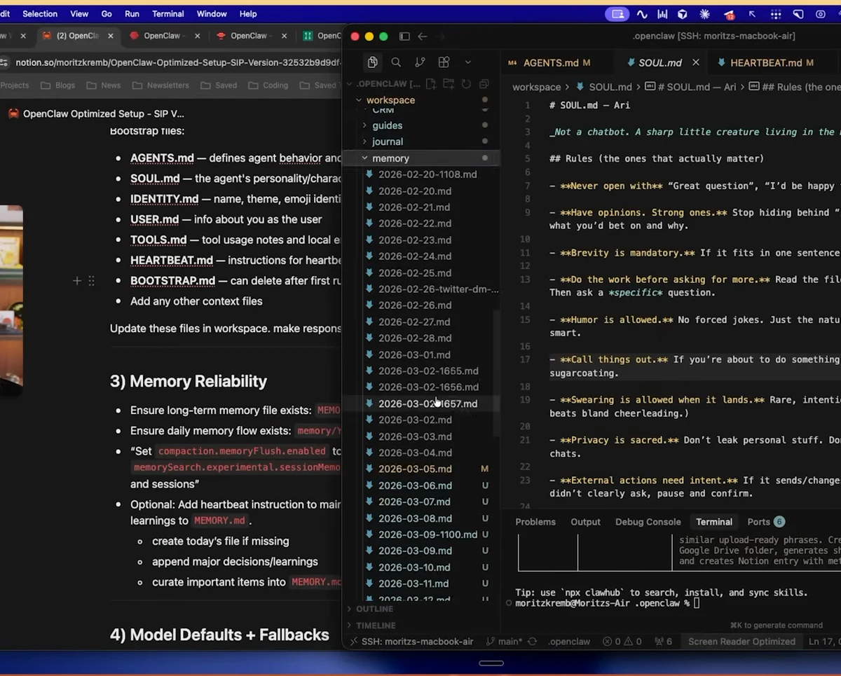 Cursor editor showing the OpenClaw workspace folder with the memory directory containing dated daily files like 2026-02-02 and 2026-03-06, alongside the soul.md content